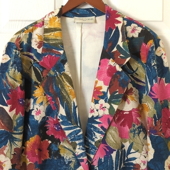 Casual Corner 80's Vintage Floral Lightweight Linen Blend Boxy Blazer Jacket L - Picture 2 of 12